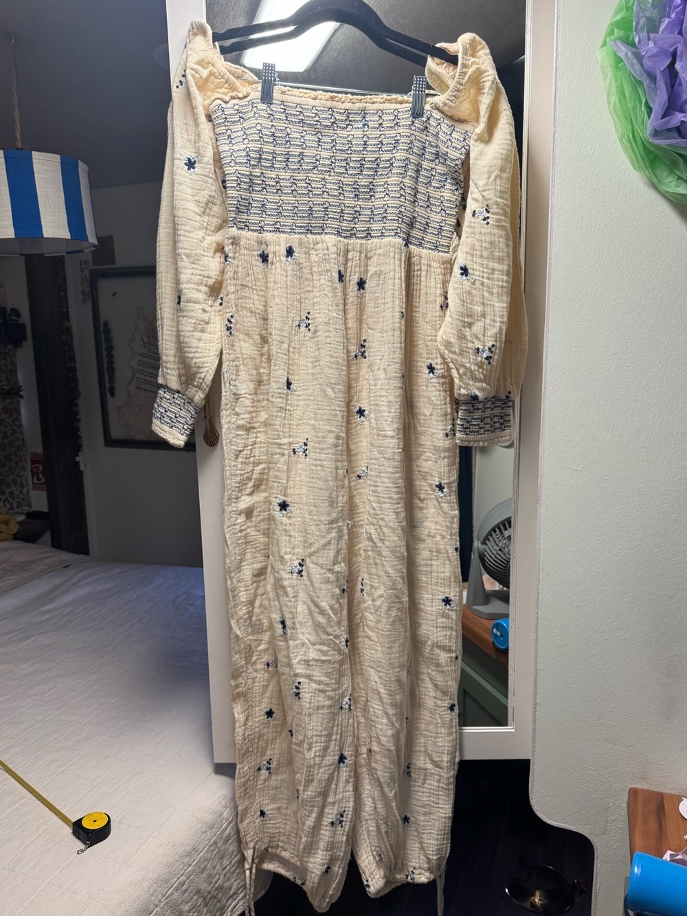 Free People Cream Jumpsuit with Navy Embroidery